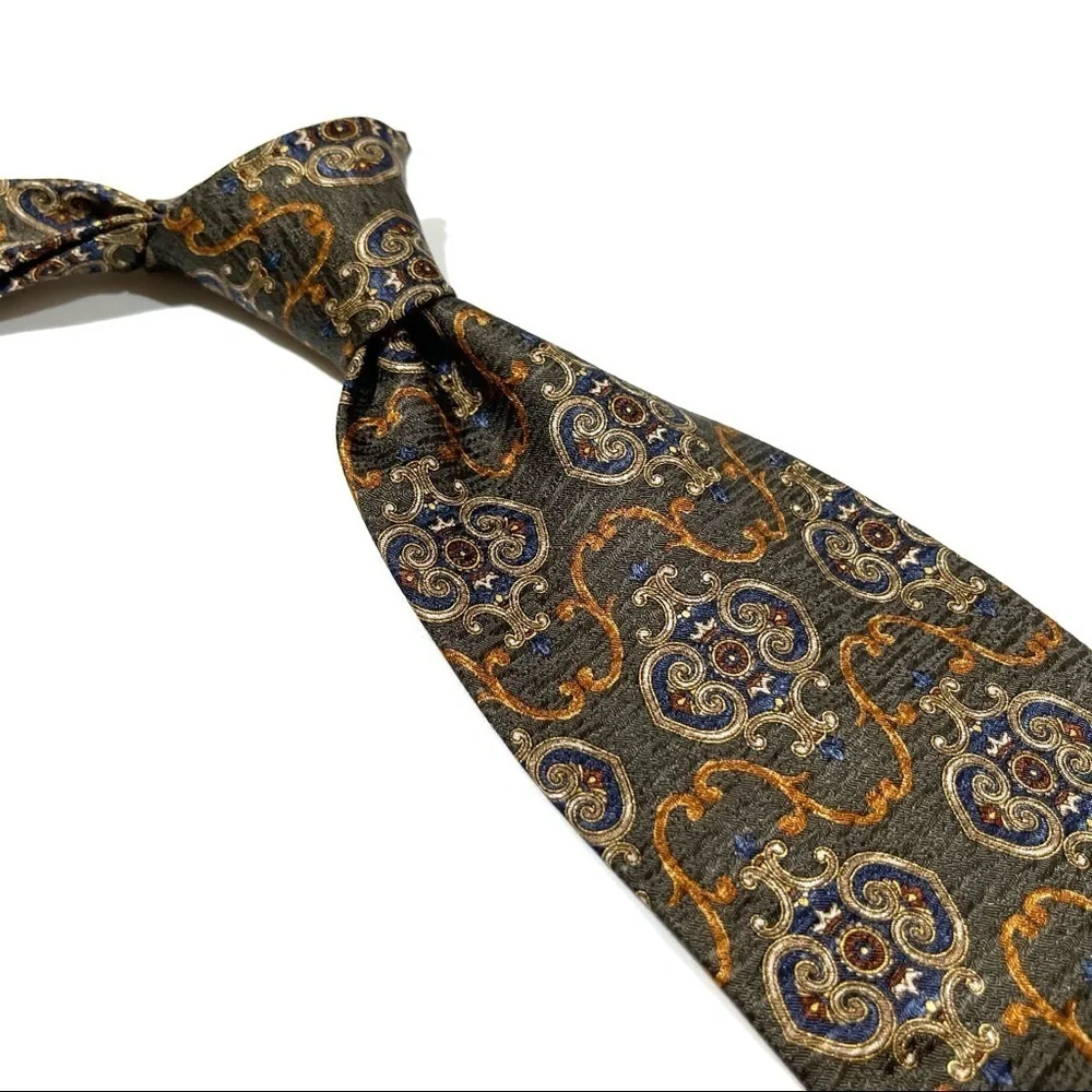 Italian Silk Tie by Club Room Green Blue Tan Gold